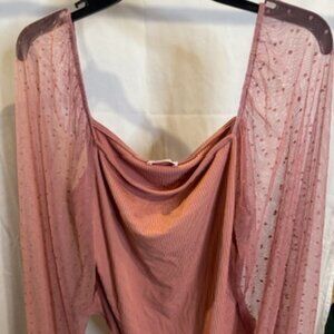 Pink Lily Mauve Square Neck Bodysuit with Sheer Swiss Dot Balloon Sleeves